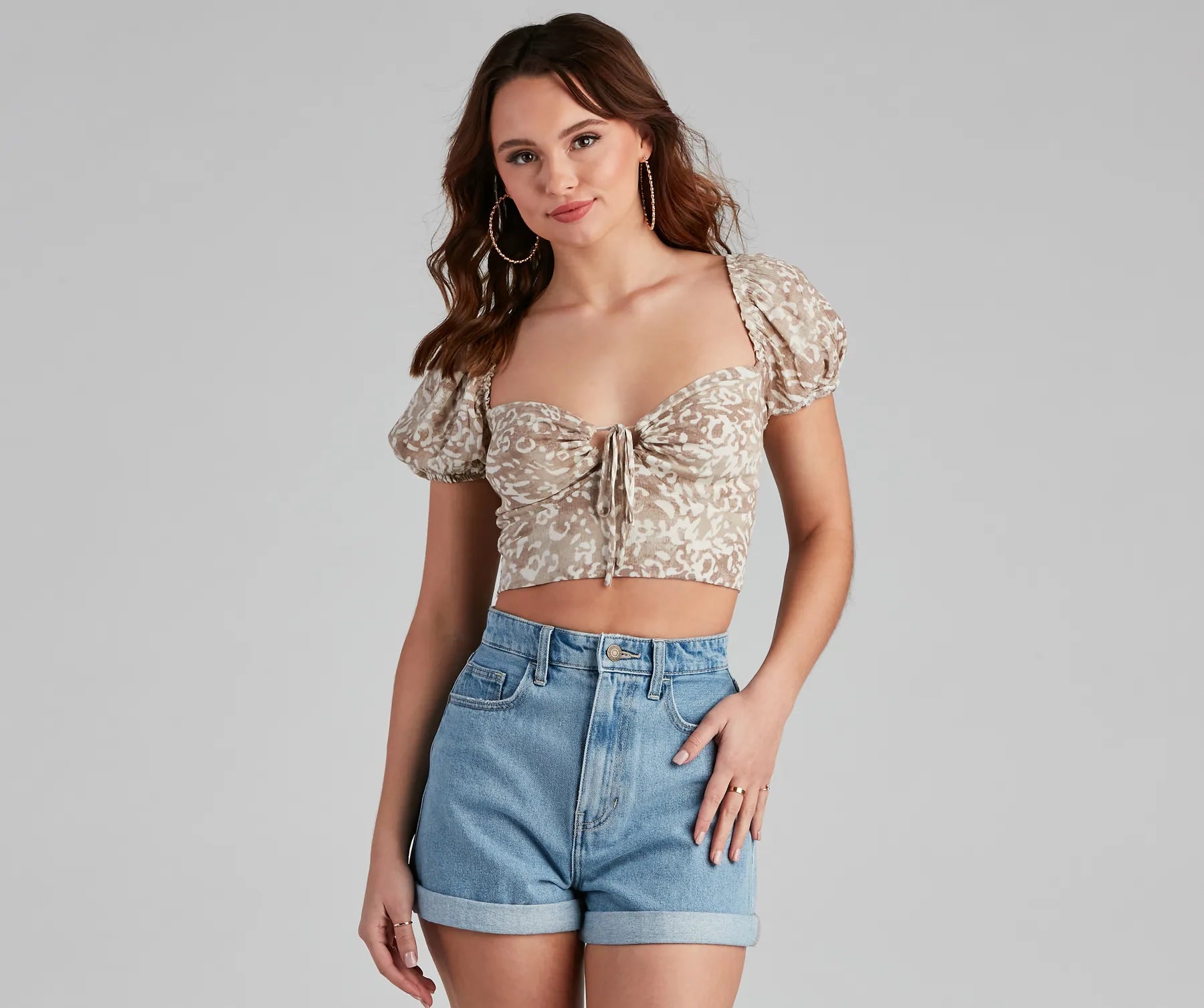 Spotted You Tie-Front Crop Top Casual Formal Business