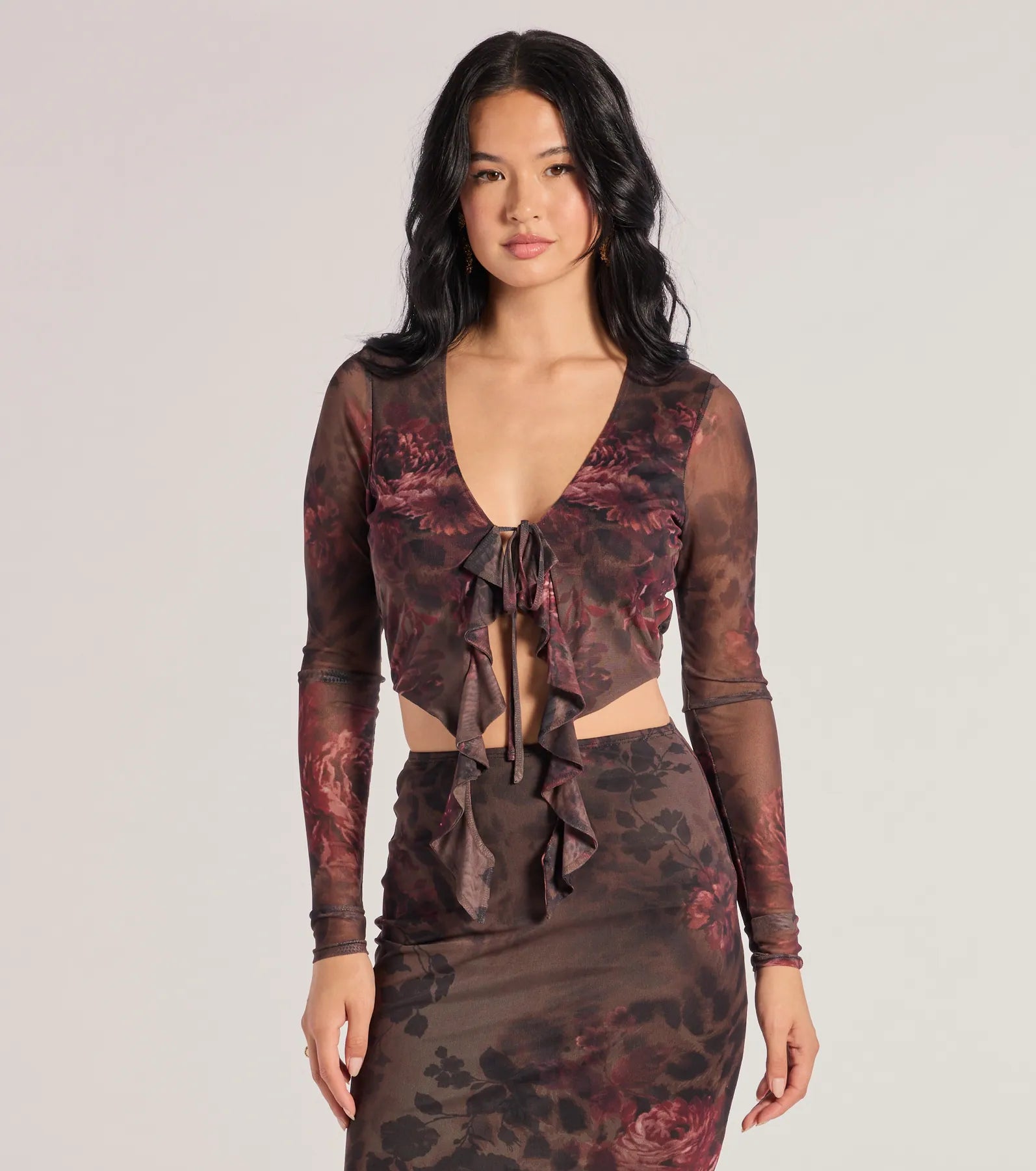 Wild Blossom Abstract Print Tie-Front Crop Top Solid Print Embellished