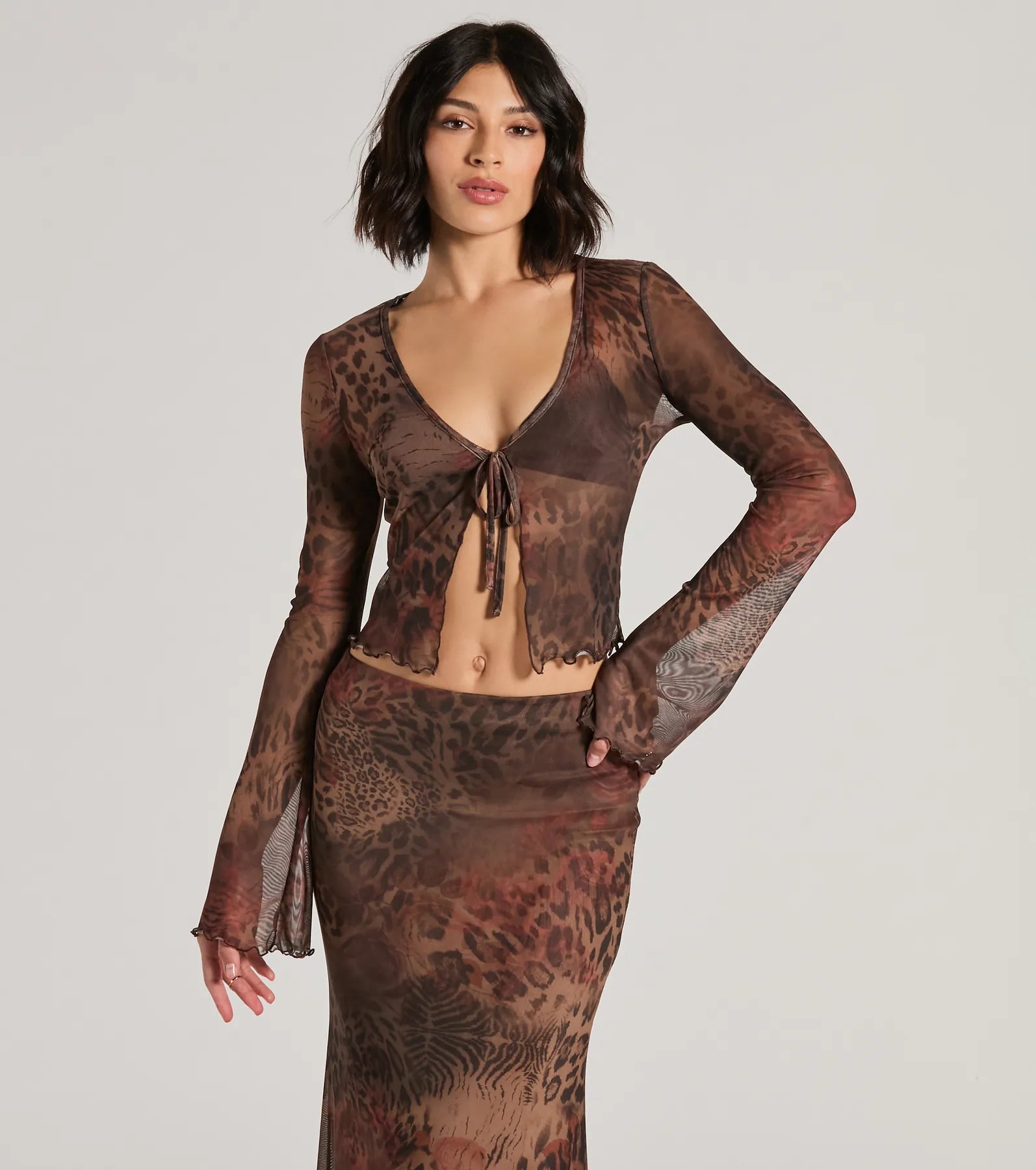 Wildly Sultry Tie-Front Leopard Rose Mesh Crop Top Embroidered Appliqued Beaded