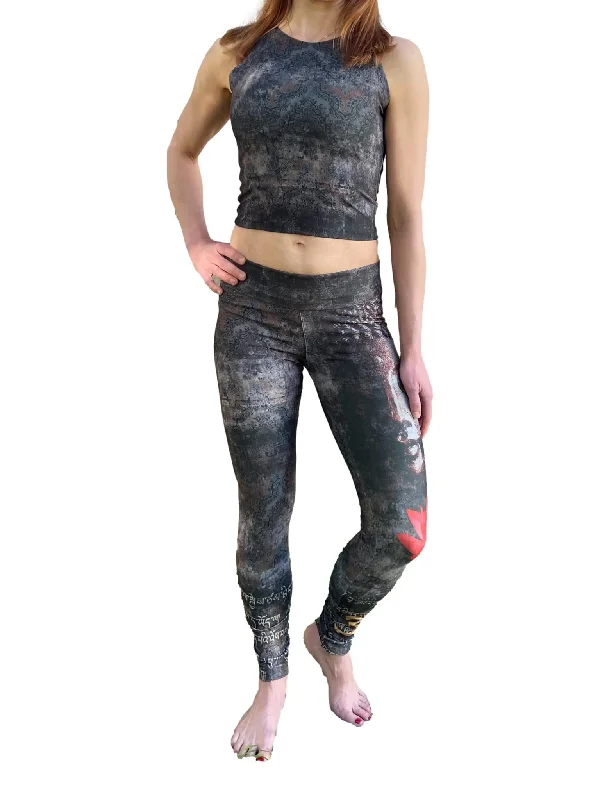 Vintage Gray "Buddha Set" Fitted Crop Top Mesh Blend Leather Blend Suede Blend