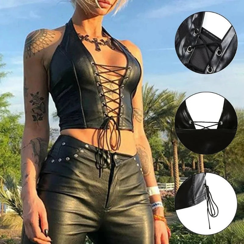 Crop Top Women Sexy Patent Bandage Vest Leather Strappy Corset Top Black Fashion Gothic Tank Top Party Club Female Clothing Hooded Caped Shawl Collar Crop Top Women Sexy Patent Bandage Vest Leather Strappy Corset Top Black Fashion Gothic Tank Top Party Club Female Clothing Hooded Caped Shawl Collar