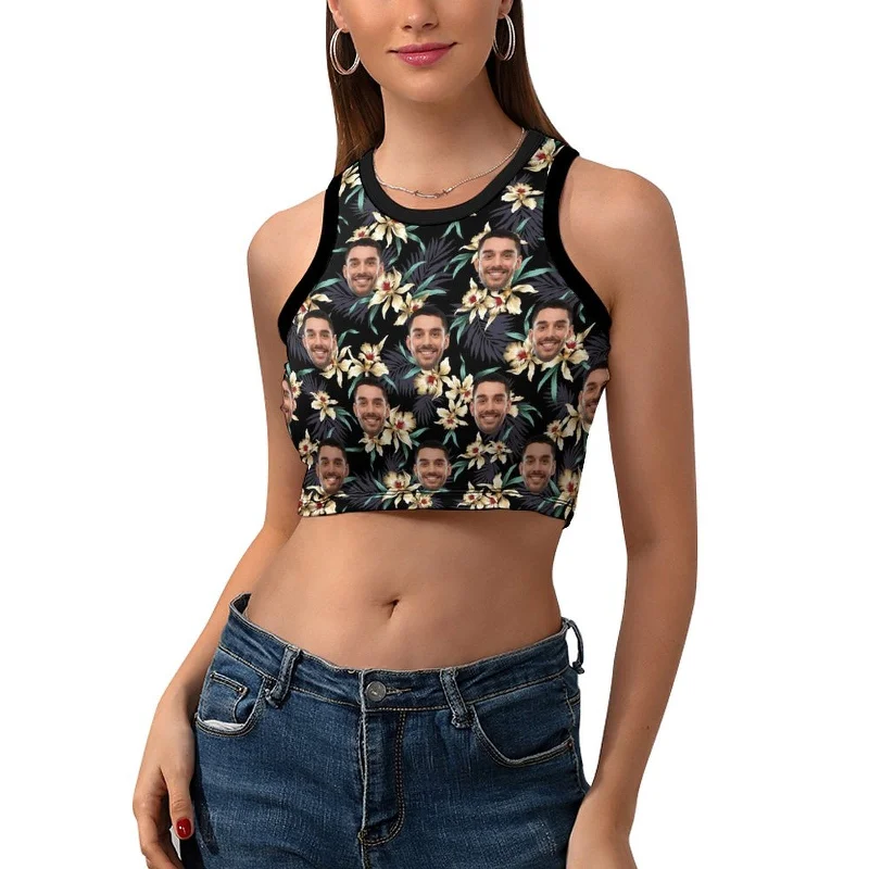 Custom Face Flower Print Women's Crop Top Tank Top - Black Graphic Embroidered Appliqued Custom Face Flower Print Women's Crop Top Tank Top - Black Graphic Embroidered Appliqued