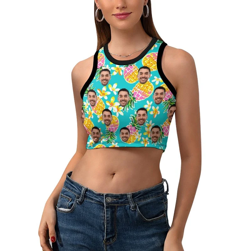 Custom Face Pineapple Print Women's Crop Top Tank Top Silk Blend Satin Velvet