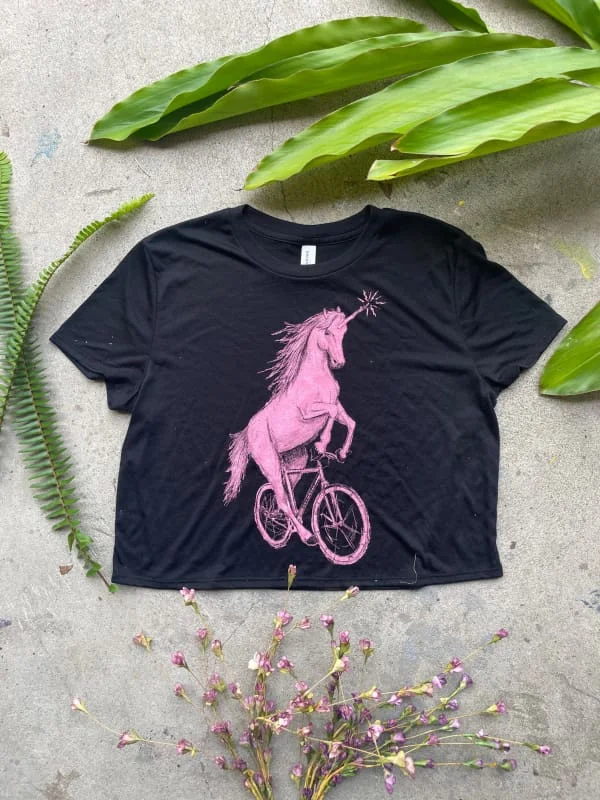Unicorn on a Bicycle Women's Crop Top Beaded Sequined Faux Fur