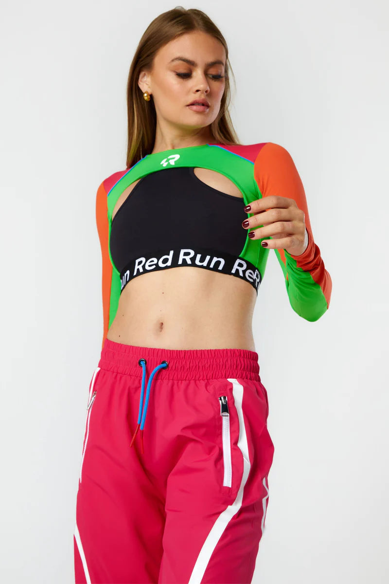 Women's Red Run Activewear Cut Out Crop Top Neon Safari Terry Blend Velvet Blend Canvas Blend