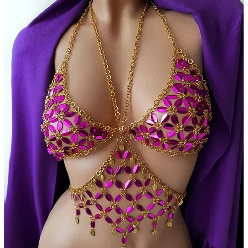 Flower Diamond Metal Body Chest chain Crop Top Front Pockets Side Pockets Patch Pockets