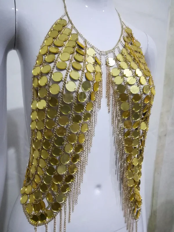 Metal Tassel Coins Chain Crop Tops Wool Fabric Cashmere Fabric Tweed Fabric