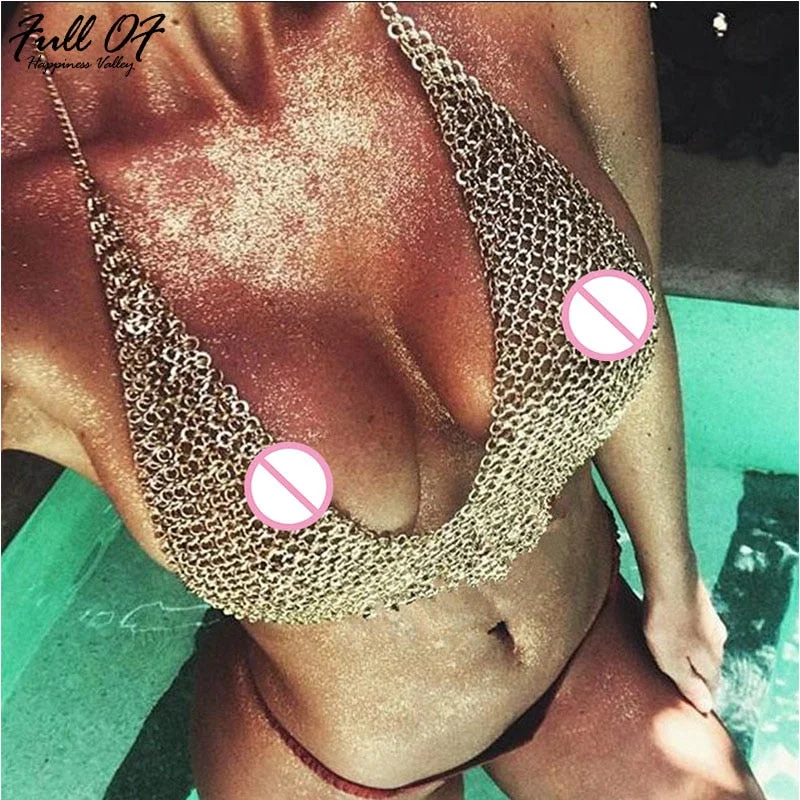 Sparkling Hollow Metal Breast Chain Crop Top Welt Pockets Slit Pockets Flap Pockets