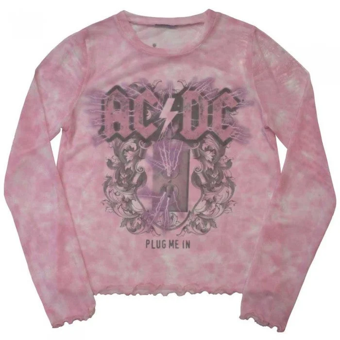 AC/DC Womens/Ladies Plug Me In Mesh Long-Sleeved Crop Top Sequined Glittery Shiny