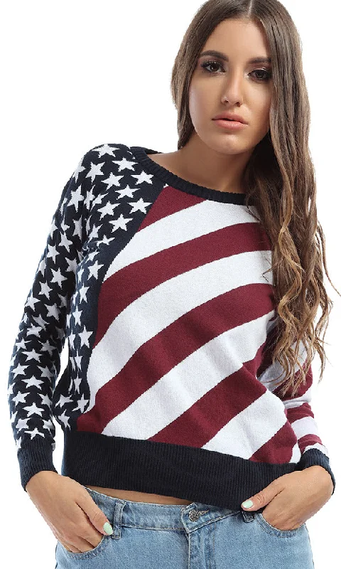 41754 America Flag Rounded Casual Pullover - Navy Blue