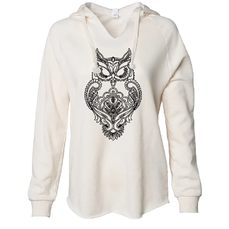 Mystical Owl Stencil Black Women's Soft Hooded Pullover Kimono Neck Pullover