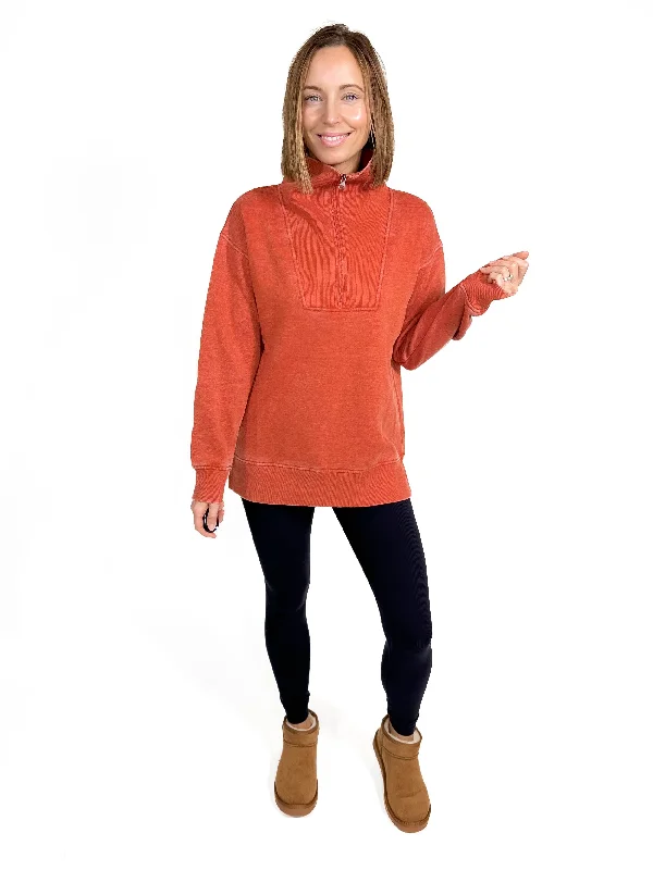 Bestie 1/2 Zip Pullover- BURNT RUST Over Sleeve Pullover