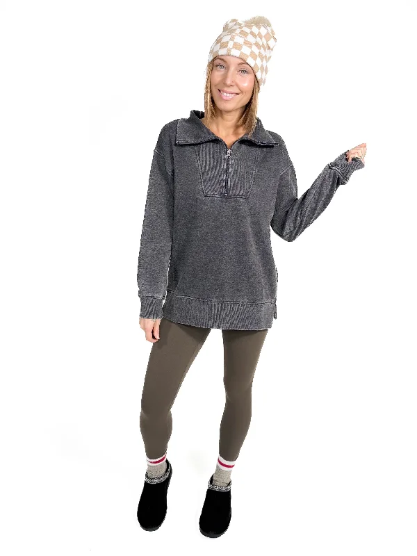 Bestie 1/2 Zip Pullover- CHARCOAL Tight Sleeve Top