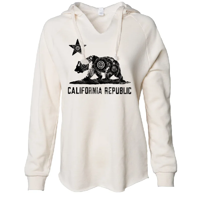 California Chumash Mandala Black Print Women's Soft Hooded Pullover Button Front Sweater