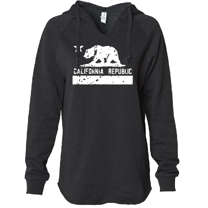 California Flag White Print Silhouette Women's Soft Hooded Pullover Scalloped Neck Pullover