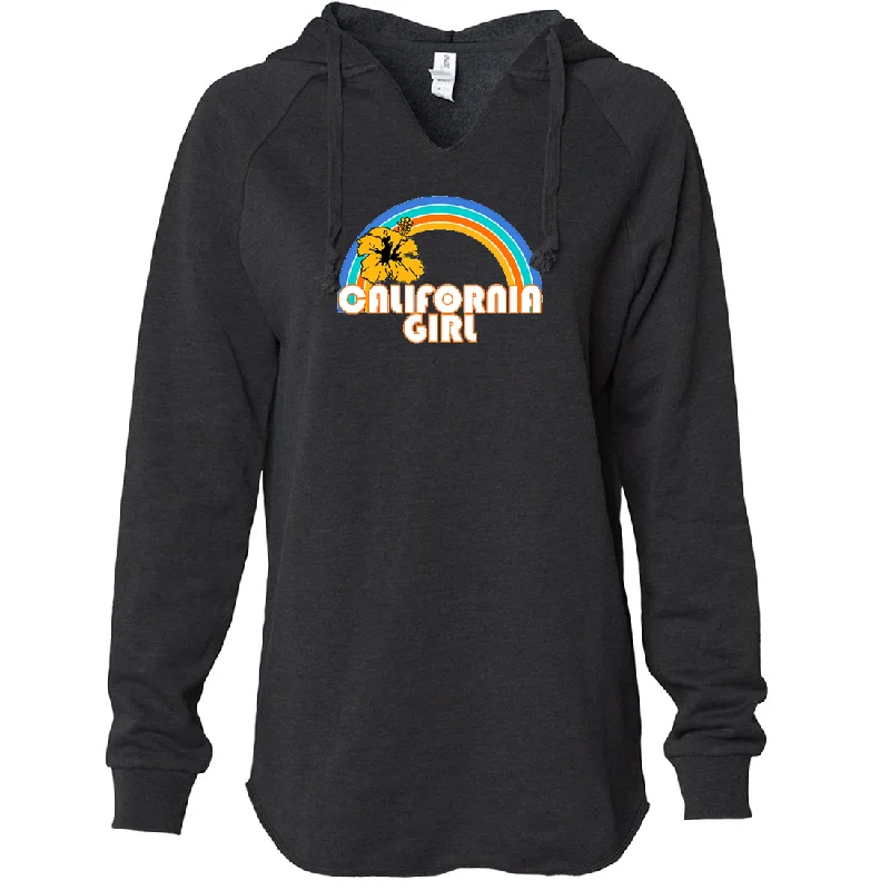 California Girl Rainbow Hibiscus Women's Soft Hooded Pullover Boat Neck Sweater