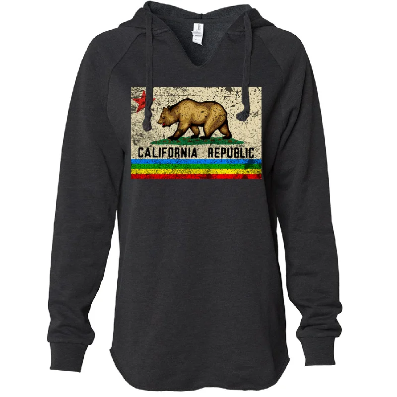 California Republic Rainbow Distressed Women's Soft Hooded Pullover Besom Neck Pullover