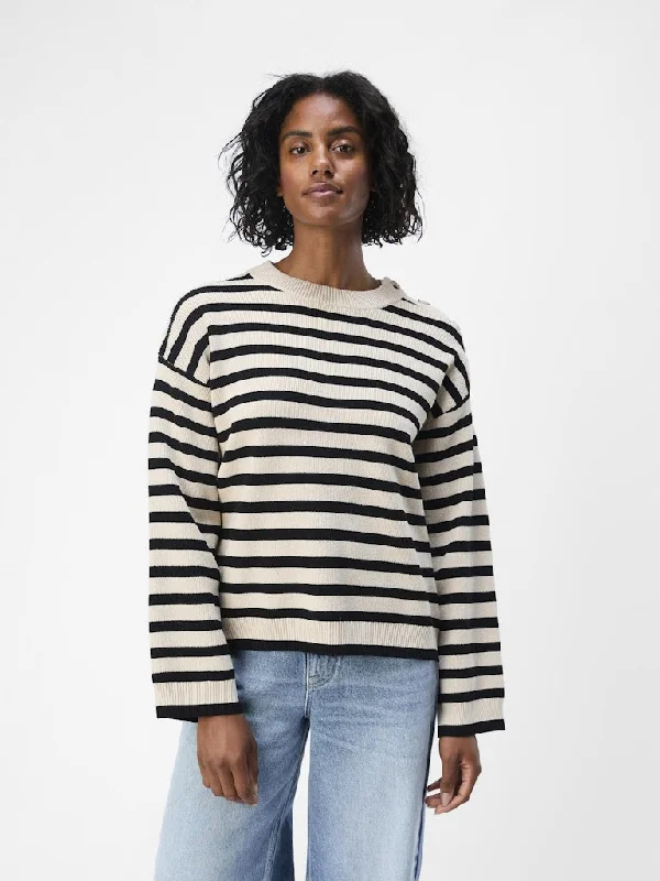 Elly Long Sleeve Stripe Knit Pullover Sandshell/Black Long Bell Sleeve