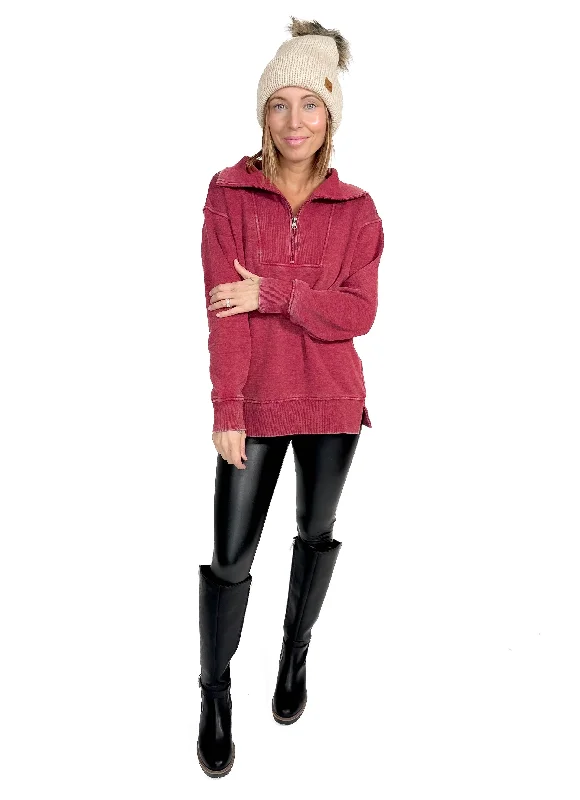 Bestie 1/2 Zip Pullover- BURGUNDY Asymmetrical Neck Pullover