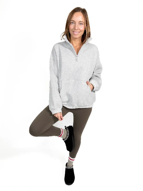 Millie Fleece Oversized Pullover Half Zip- HTHR GREY Cowl Neck Pullover