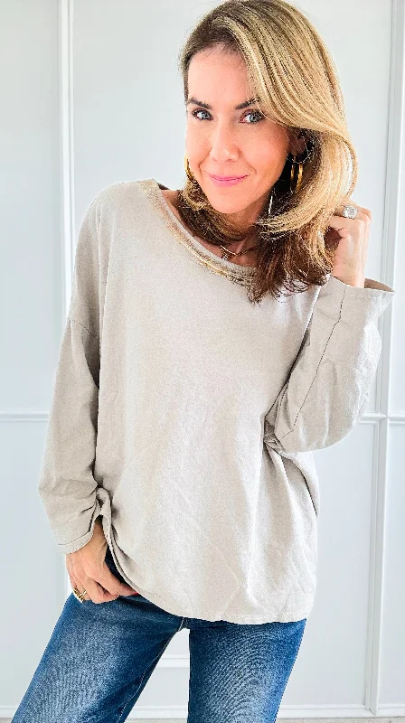 Metallic Foil Detailed Comfort Italian Pullover- Beige/ Gold Asymmetrical Neck Pullover