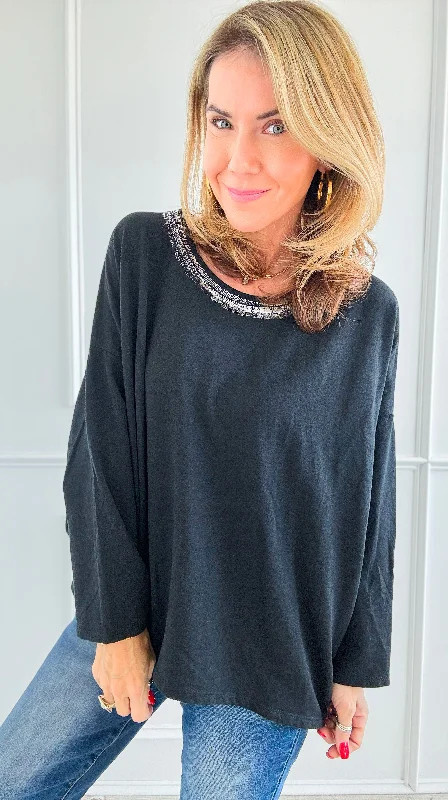 Metallic Foil Detailed Comfort Italian Pullover- Black/Silver Over Sleeve Pullover