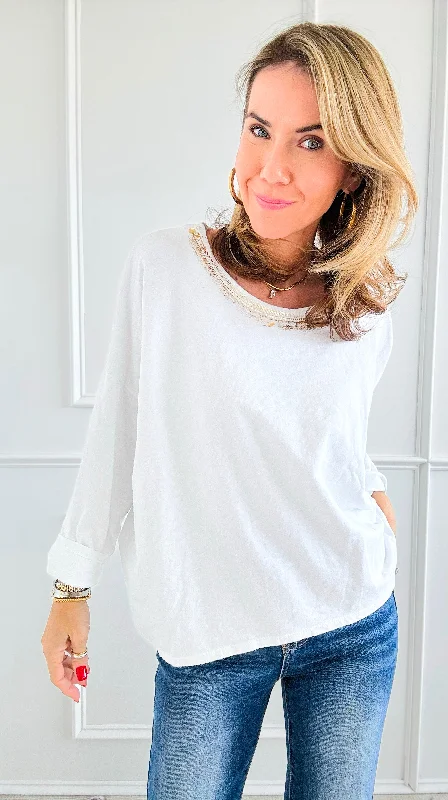 Metallic Foil Detailed Comfort Italian Pullover- White/Gold Hooded Pullover Sweater