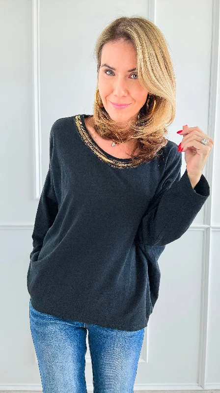 Metallic Foil Detailed Comfort Italian Pullover- Black/Gold Cashmere Luxurious Pullover