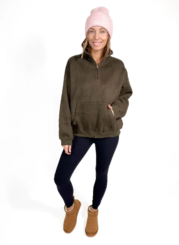 Millie Fleece Oversized Pullover Half Zip- OLIVE Bardot Neck Top