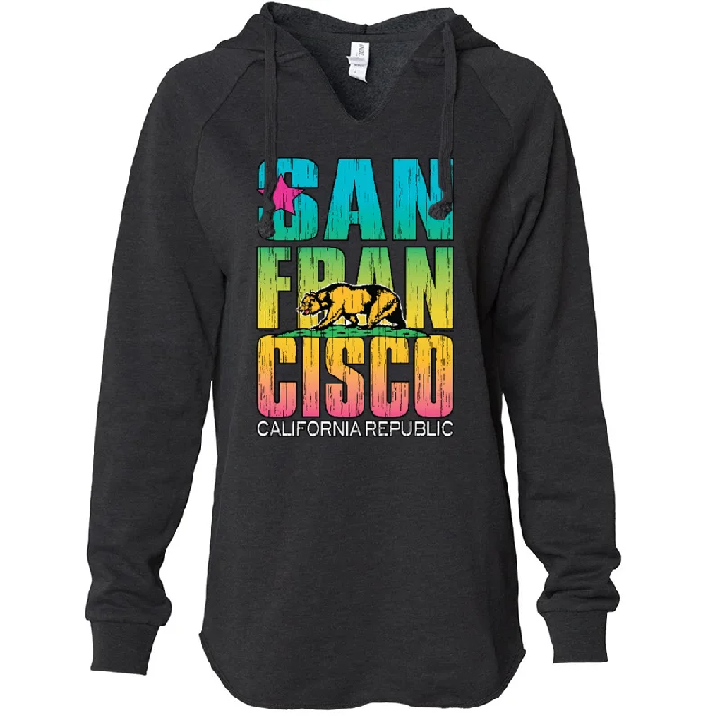 San Francisco California Neon Rainbow Women's Soft Hooded Pullover Set Sleeve Pullover