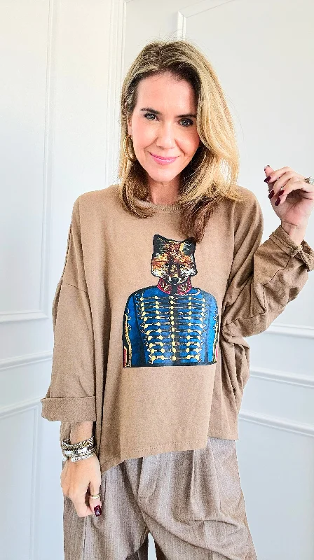 Whimsical Fox Italian Pullover- Taupe Crew Neck Wool