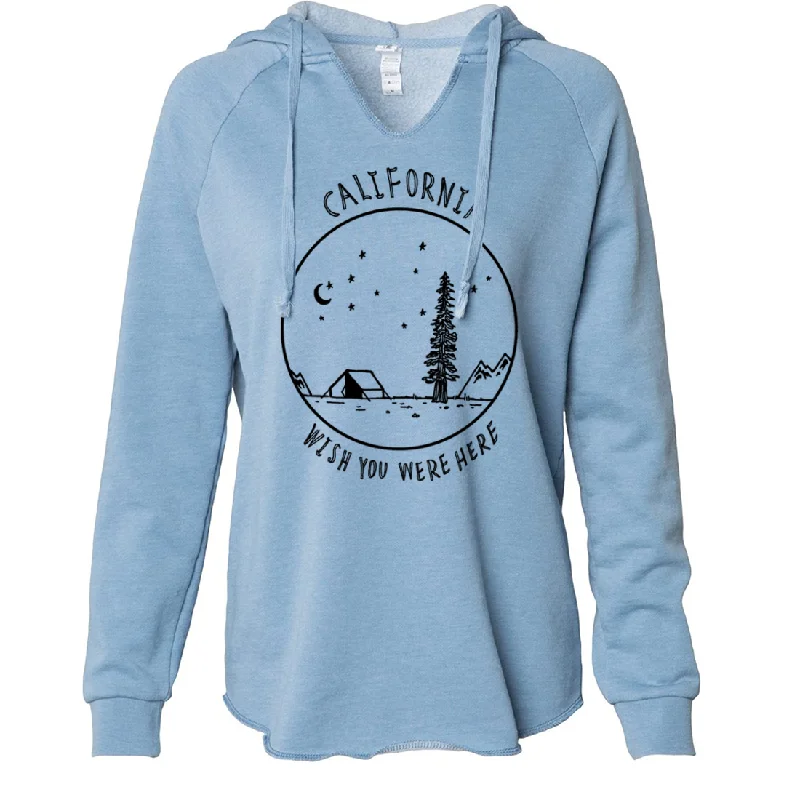 Wish You Were Here Black Print Women's Soft Hooded Pullover Ruffled Neck Pullover